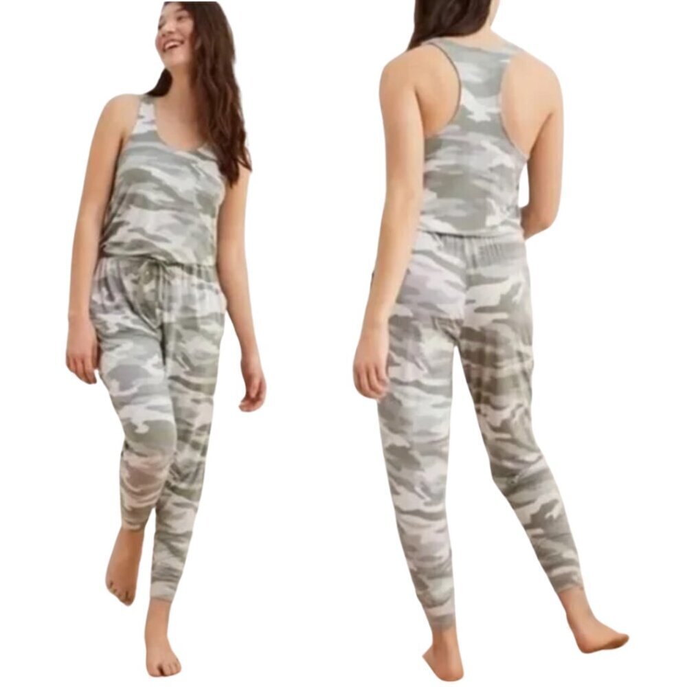 Aerie Sleeveless Camo Jogger Jumpsuit Women's XS Green Loungewear Cozy Comfy